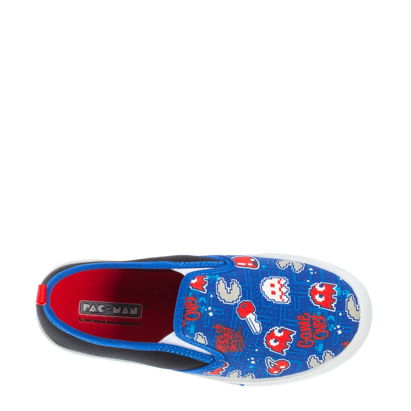 Kids blue slip-on sneaker interior view, red insole, Pac-Man canvas upper