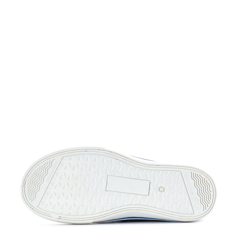 Kids sneaker outsole bottom in white with textured tread and blue edge trim