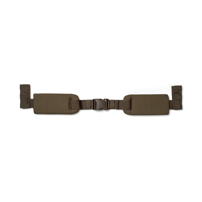 The Padded Hip Belt, shown in brown and laid flat on a white background, features an adjustable fit for comfort during rucking and a durable plastic buckle.