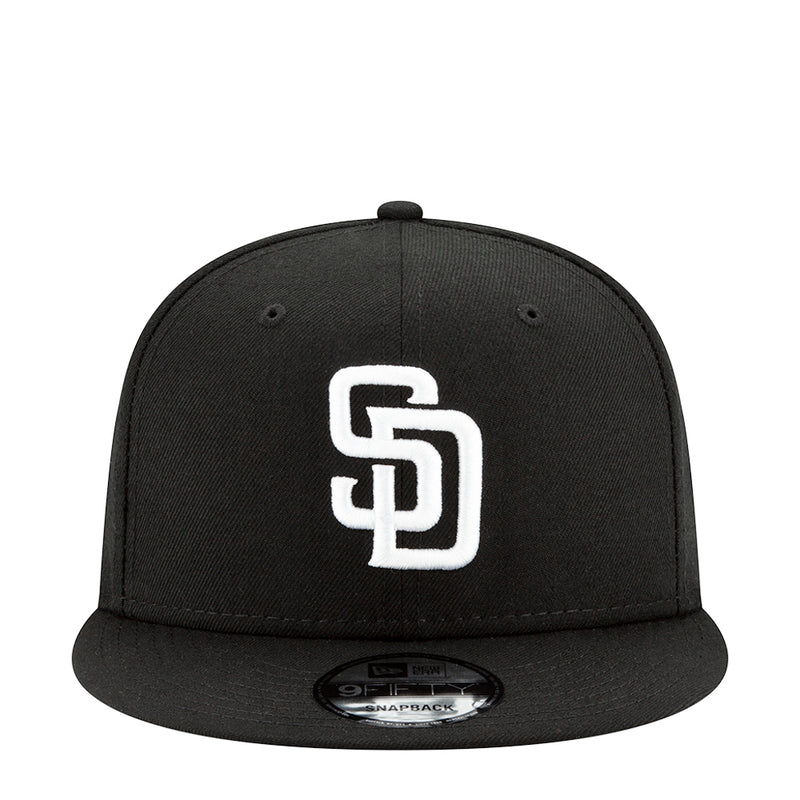 Black baseball cap with white Padres logo on front panel