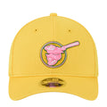 Yellow baseball cap with pink embroidered logo and M-Crown patch