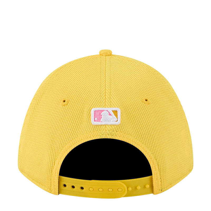 Yellow baseball cap back view with MLB logo patch and adjustable strap