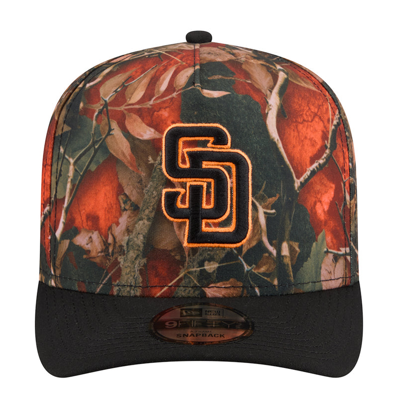Two-tone A-frame baseball cap with leaf camo print, glowing SD front logo, black bill