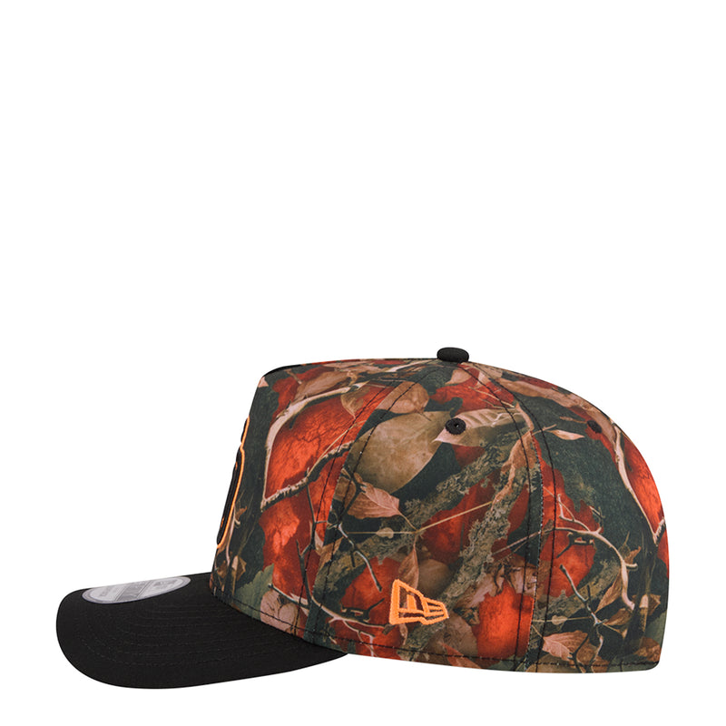 Two-tone A-frame baseball cap with leaf camo crown, orange SD emblem, black bill