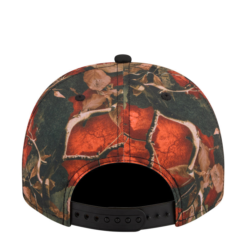 Two-tone A-frame cap back view with leaf camo crown and black adjustable strap