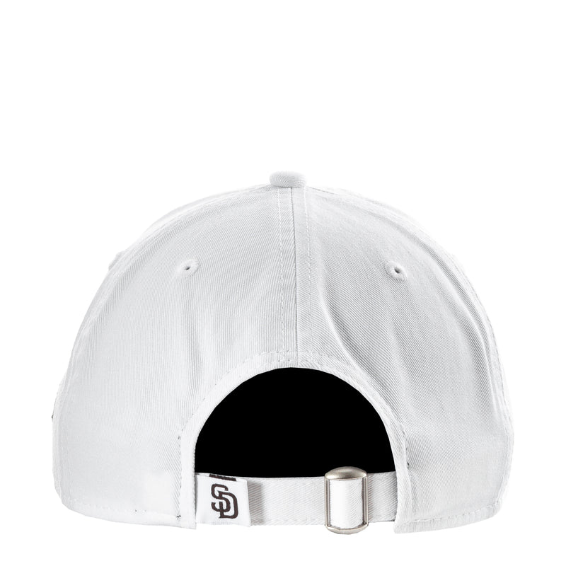 White baseball cap with adjustable strap and black inner panel opening