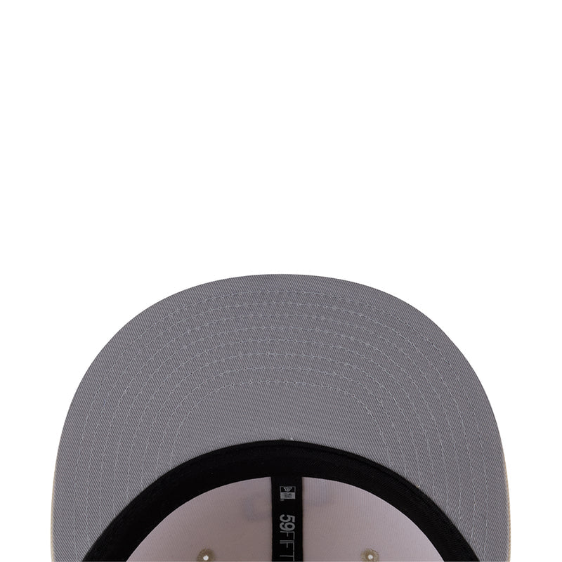 Gray baseball cap underside view with circular brim insert and stitching
