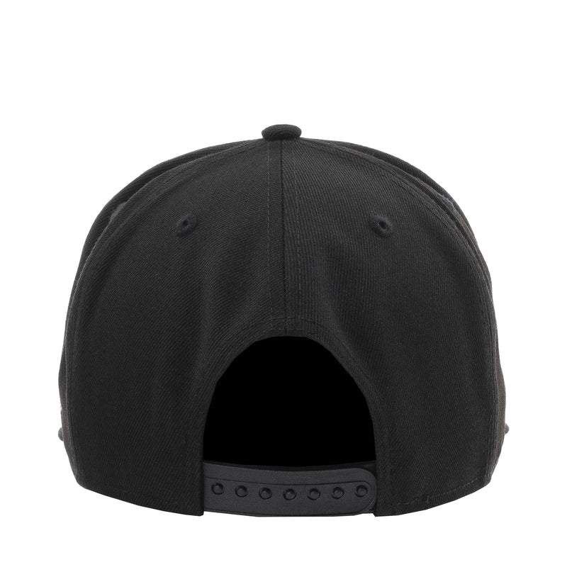 Black baseball cap back view with adjustable snap strap and ventilation eyelets