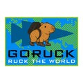 Celebrate Ruck The World Day with the Patch - Ruck the World, featuring a cartoon capybara with a backpack over a blue map. Text reads "GORUCK RUCK THE WORLD"—ideal for rucking or your next GORUCK Challenge!.