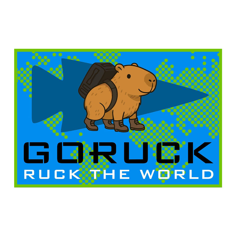 Celebrate Ruck The World Day with the Patch - Ruck the World, featuring a cartoon capybara with a backpack over a blue map. Text reads "GORUCK RUCK THE WORLD"—ideal for rucking or your next GORUCK Challenge!.
