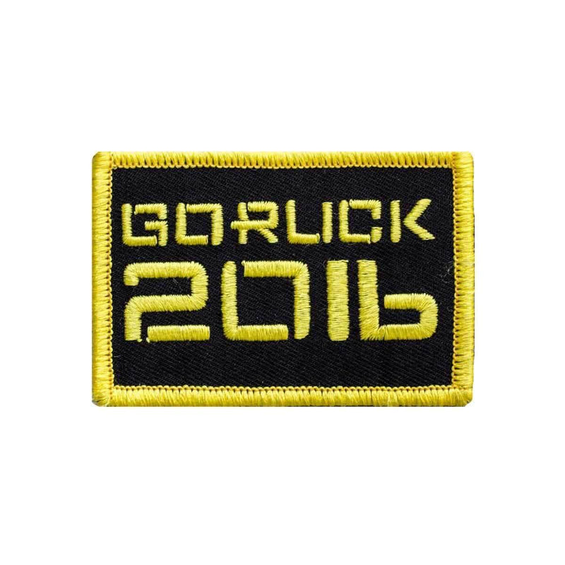 GORUCK 2016 embroidered patch with yellow border and text on black fabric