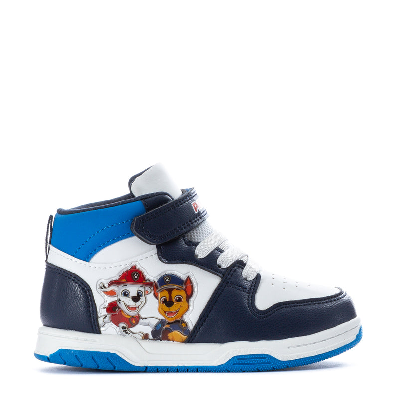 Toddler high-top sneakers in navy, white, and blue with character patch and strap
