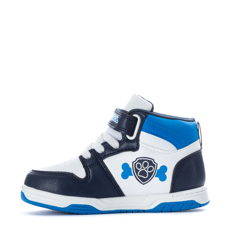 Toddler high-top sneakers with hook-and-loop strap, paw-print logo, navy and blue