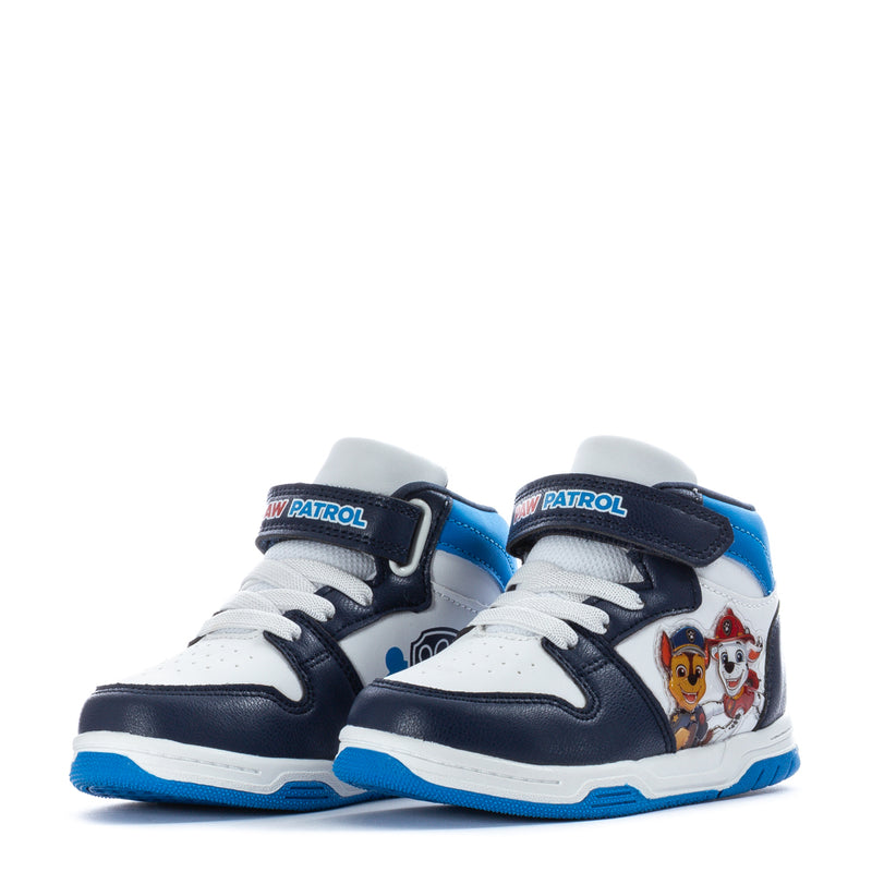 Pair of toddler high-top sneakers, white uppers with navy panels and character graphics