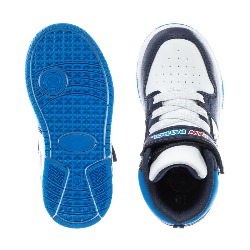 Toddler high-top sneaker outsole and heel, blue tread with white-and-navy upper