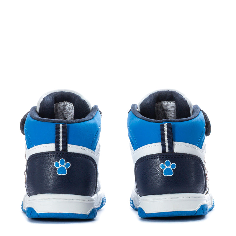 Toddler high-top sneakers heel view, blue-and-navy with paw logo on white stripe