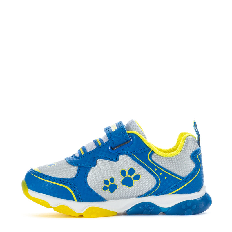 Toddler Paw Patrol sneakers with paw print icon, blue/white uppers and yellow soles
