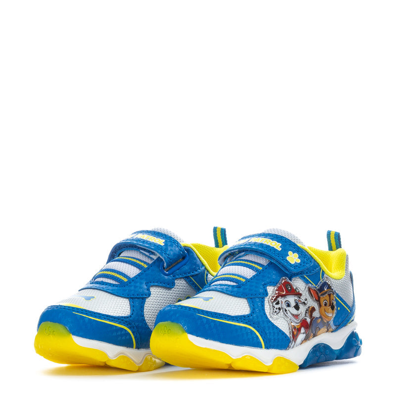 Toddler Paw Patrol sneakers pair with blue uppers, yellow trim, and character side graphics