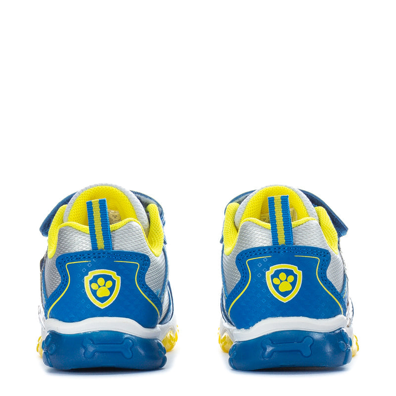 Toddler Paw Patrol sneakers with paw shield heel detail, blue accents and yellow back tabs