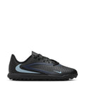 Youth low-top soccer turf shoes, black upper with blue Nike swoosh and laces