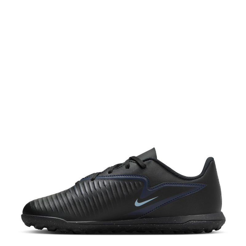 Youth low-top soccer turf shoes, black with blue side stripe and rubber outsole