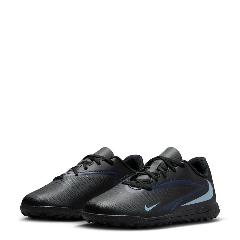 Pair of youth low-top soccer turf shoes, black and blue with lace-up design