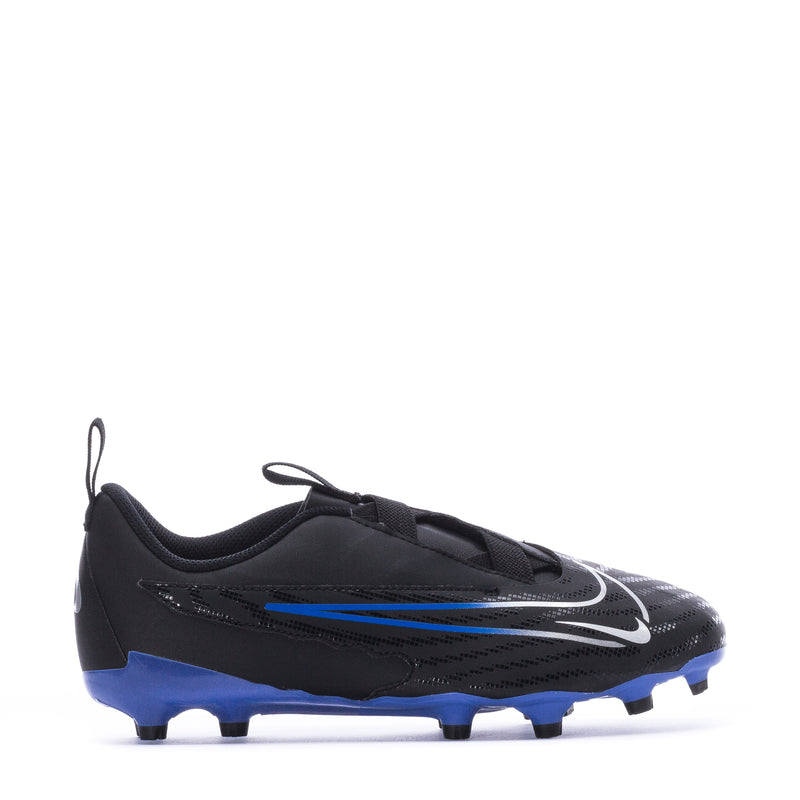 Youth Nike Phantom MG soccer cleat, black upper with blue accents and studs