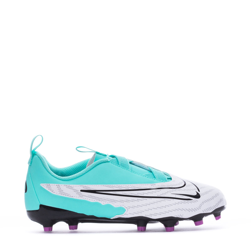 Youth soccer cleats, white and aqua uppers with black stud sole