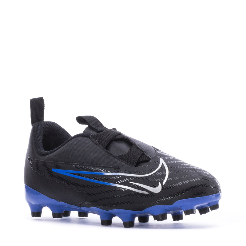 Youth Nike Phantom MG soccer cleat, side view with silver swoosh and blue sole