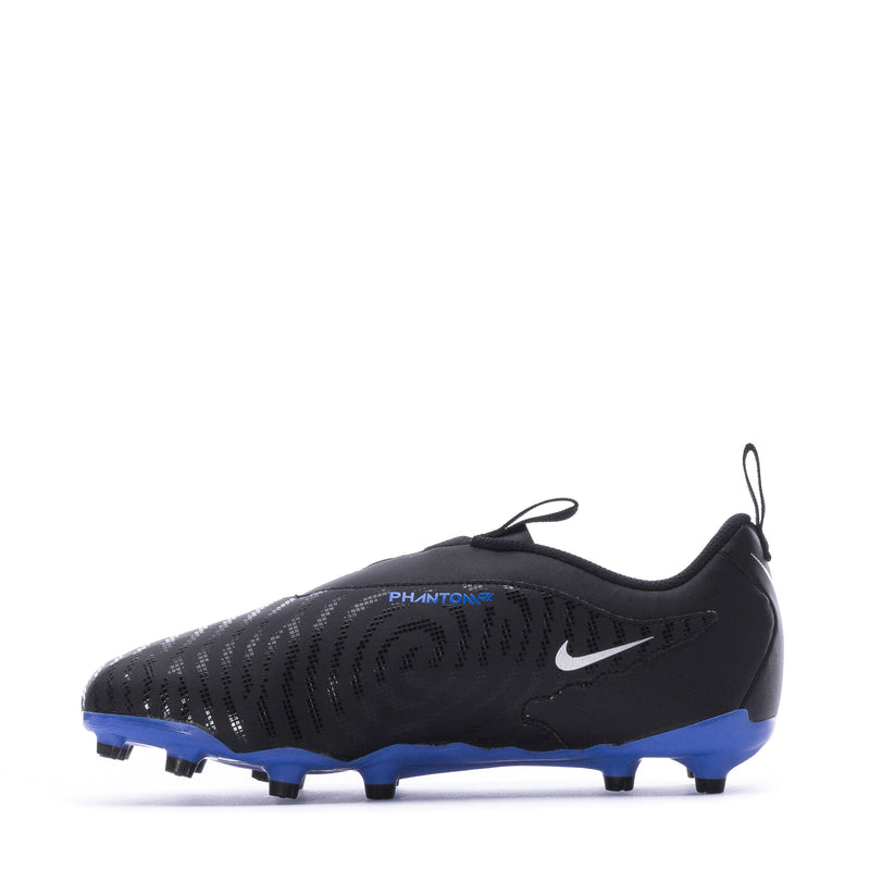 Youth Nike Phantom MG soccer cleat, profile with blue outsole and lace-up design