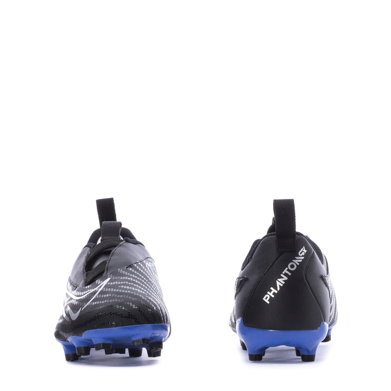 Youth Nike Phantom MG soccer cleats, heel and rear view with blue outsole