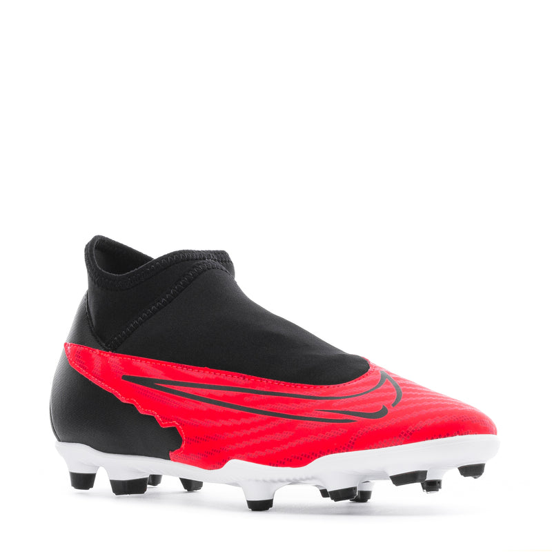 Men's black and red soccer cleat, side view with white sole and studs