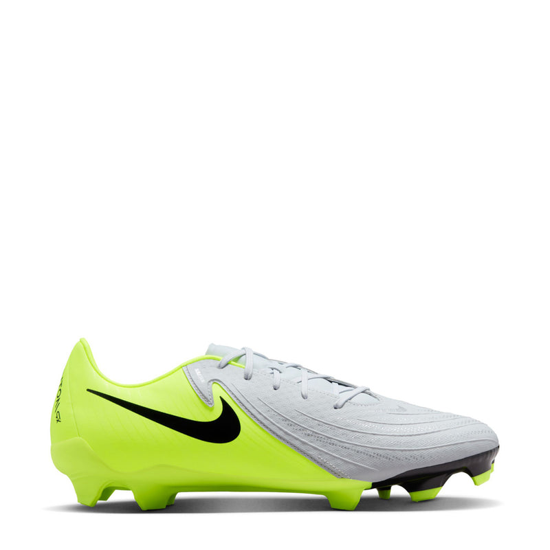 Men's FG soccer cleat in metallic silver with volt green and black accents, lace-up.