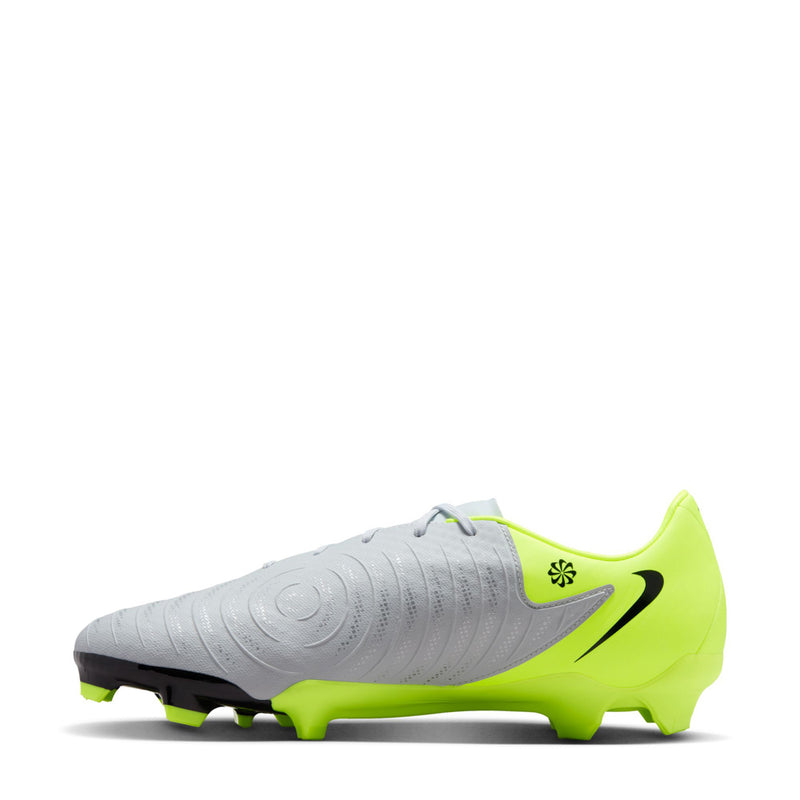 Men's FG soccer cleat side view in metallic silver and volt green with black swoosh.