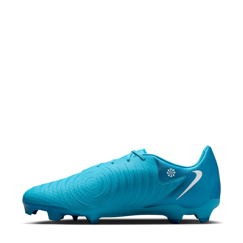 Turquoise blue soccer cleat with white Nike swoosh and molded stud sole