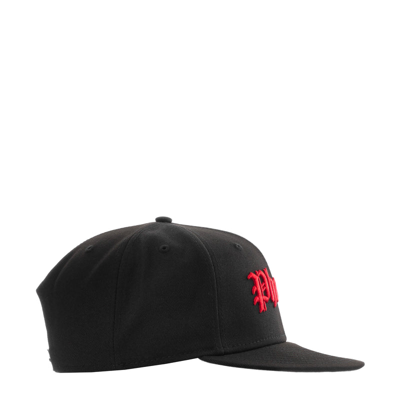 Black snapback cap with red embroidered side logo