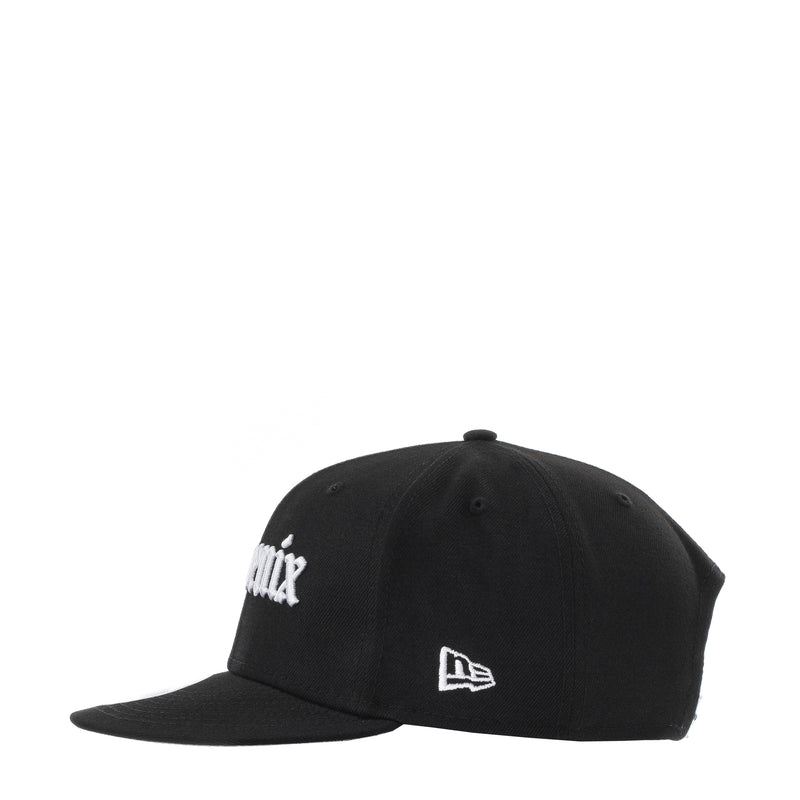 Black baseball cap with left side white logo and New Era mark