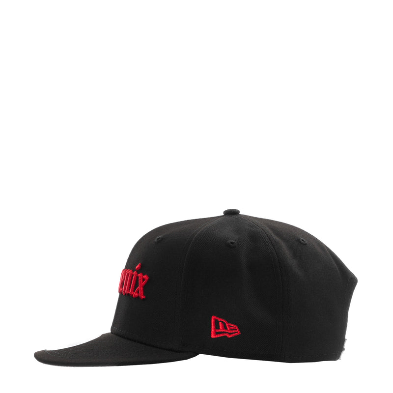 Black snapback cap with red embroidered side graphics