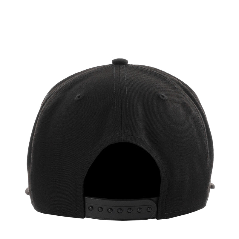Black snapback cap back with adjustable strap and metal eyelets
