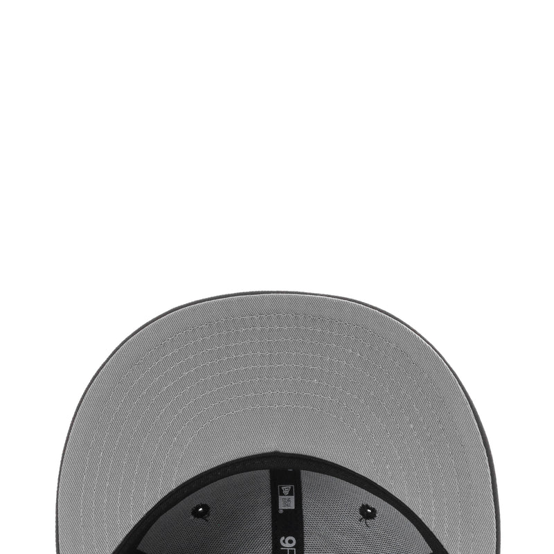 Cap interior underbrim close-up in gray with black edge stitching