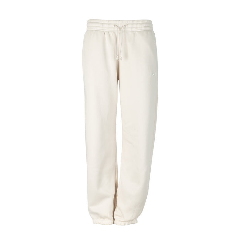 Women’s off-white sweatpants, front view: elastic drawstring waist, side pockets, cuffed hem