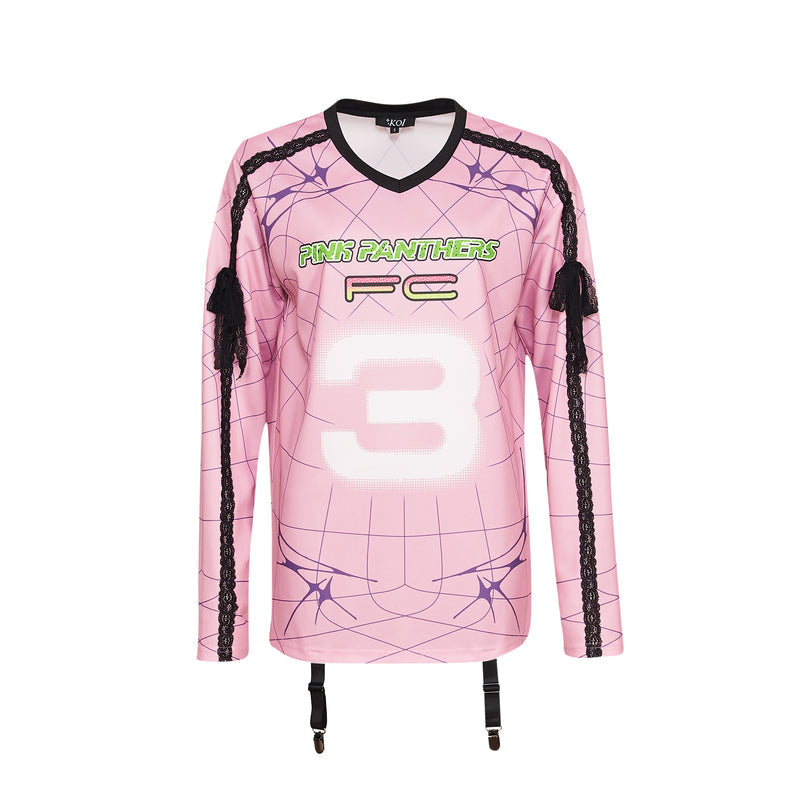 Pink sports jersey with black spider web design, 'Pink Panthers FC' text, and number 3 on a white background.