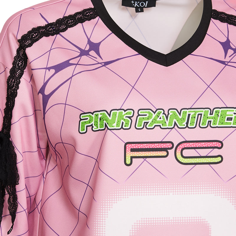 Pink sports jersey with 'Pink Panther FC' text and black lace details on a pink background