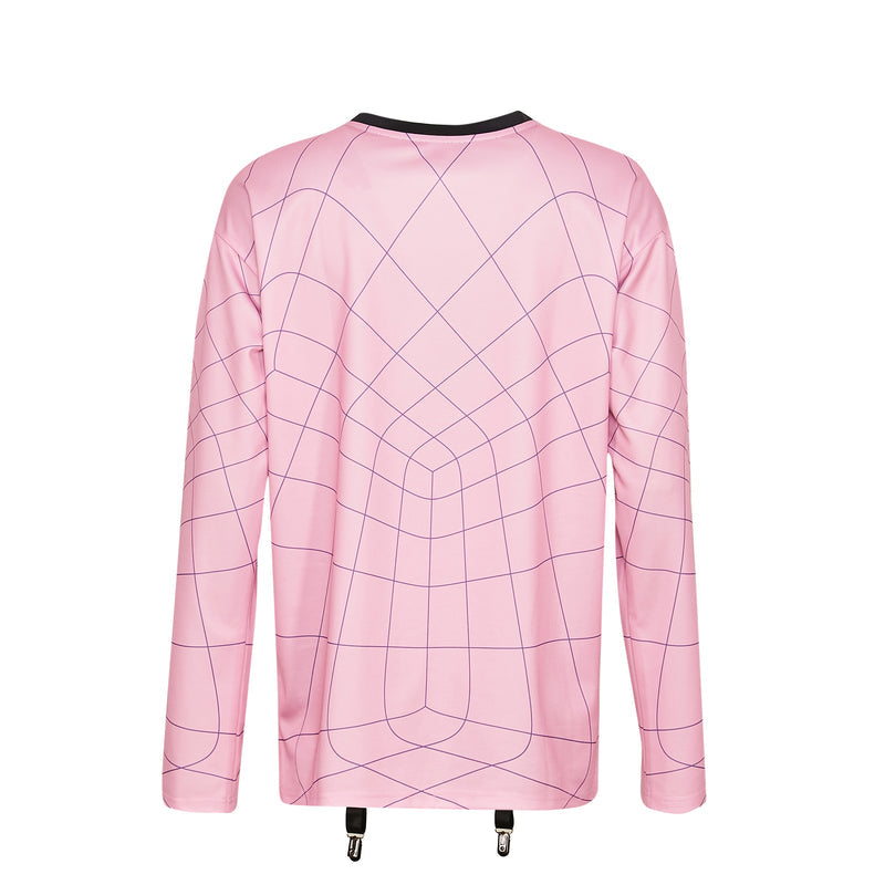 Pink long-sleeve shirt with geometric pattern on a white background