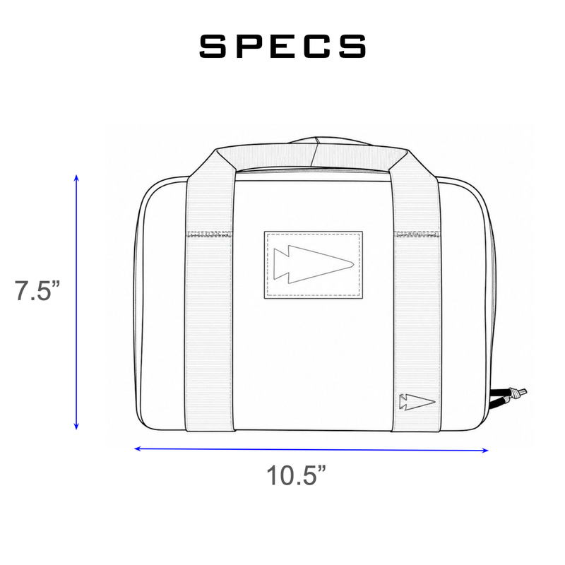 Line drawing of the Pistol Rug, a rectangular bag with handles, 10.5" wide by 7.5" tall, labeled “SPECS.”—ideal as a compact range bag or modular pistol case.