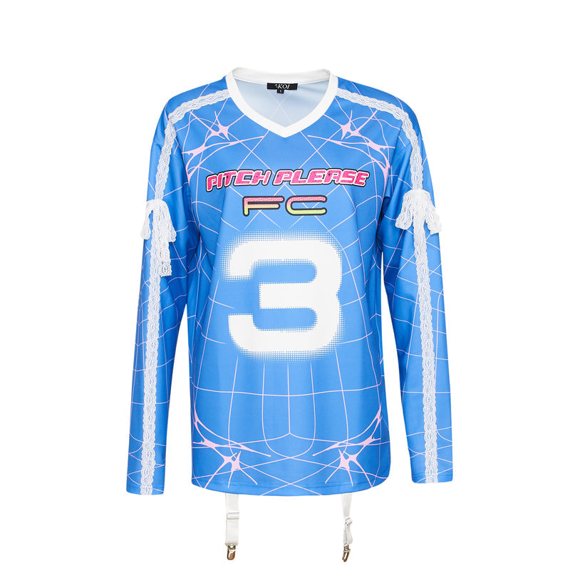 Blue sports jersey with white number 3 and text on a white background