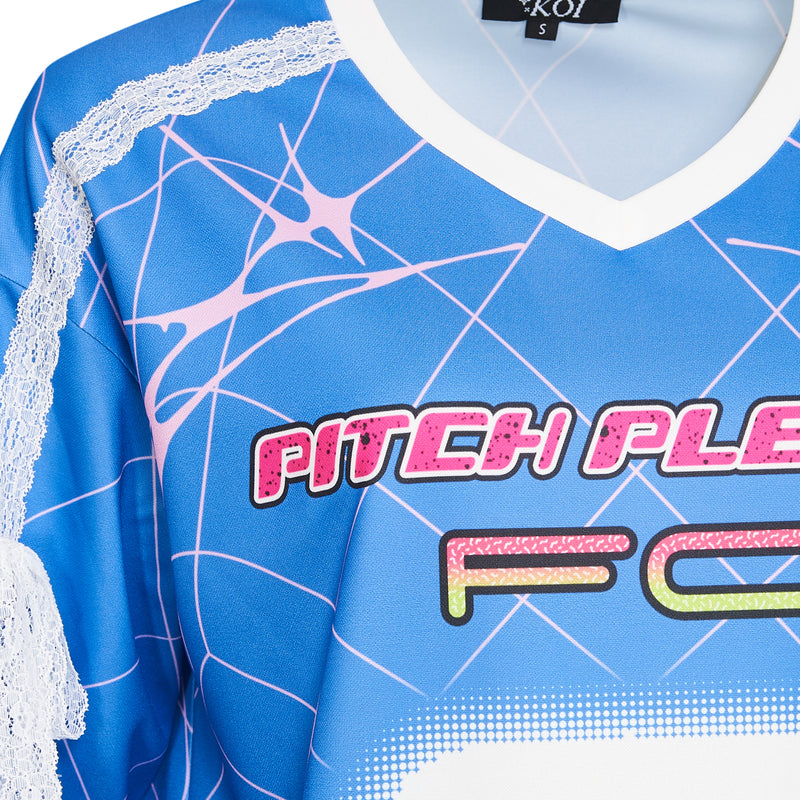 Blue sports jersey with 'Pitch Ple FC' text and lace details