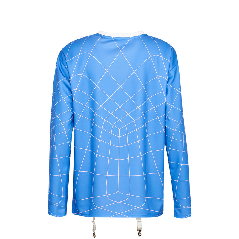 Blue long-sleeve shirt with white geometric pattern on a white background