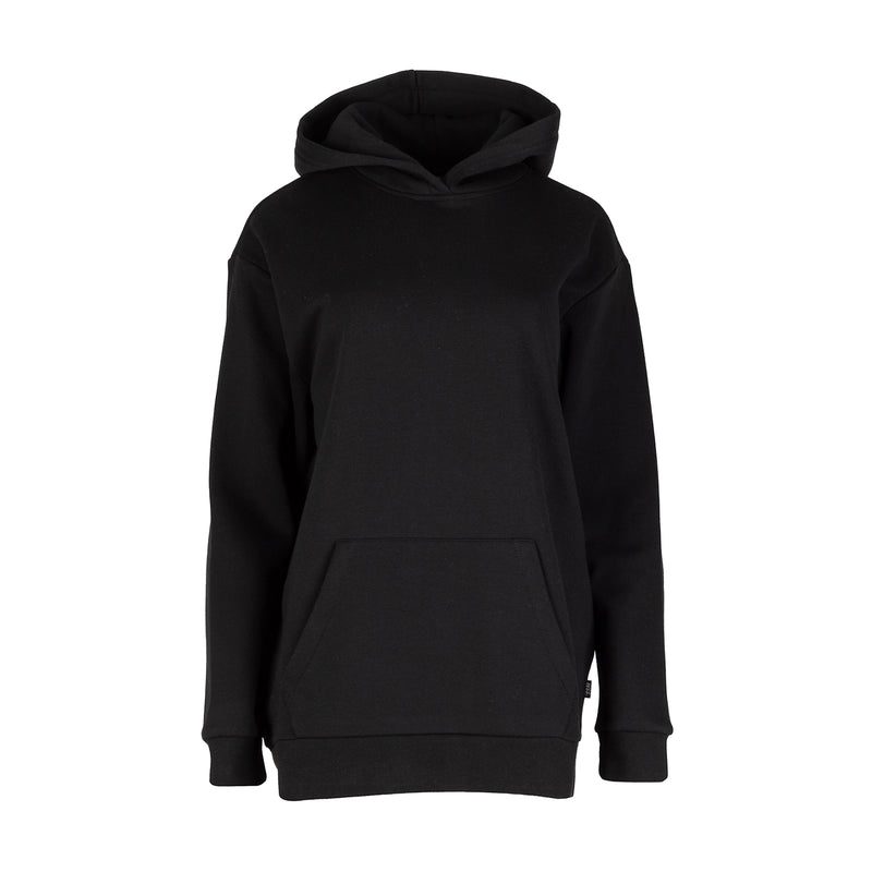 Women's black fleece pullover hoodie with hood and kangaroo pocket