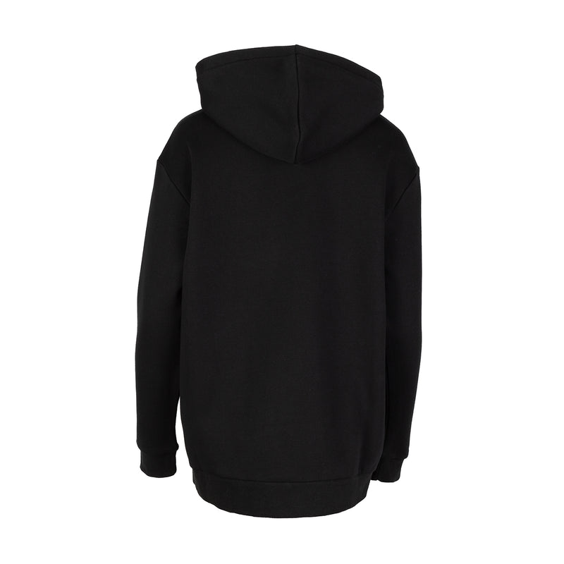 Women's black fleece pullover hoodie, back view with hood
